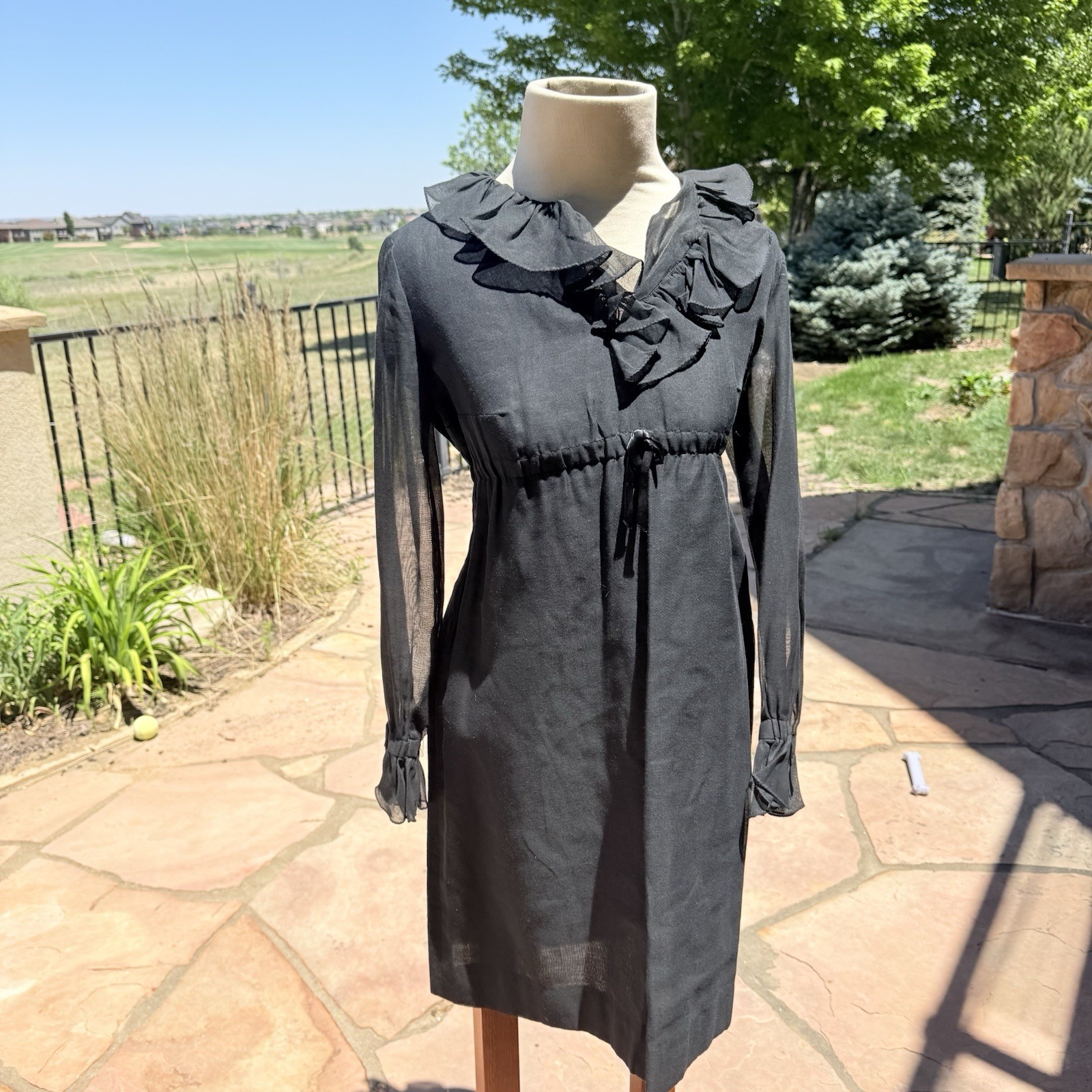 Vintage 70s Black Sheer Sleeve Empire Waist Dress w/Ruffle Collar & Cuffs Retro