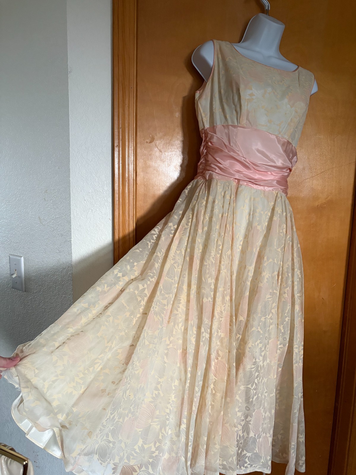 Vintage 1950s Organza Floral Party Dress S, Pink Satin Cummerbund Sash Fit & Fla