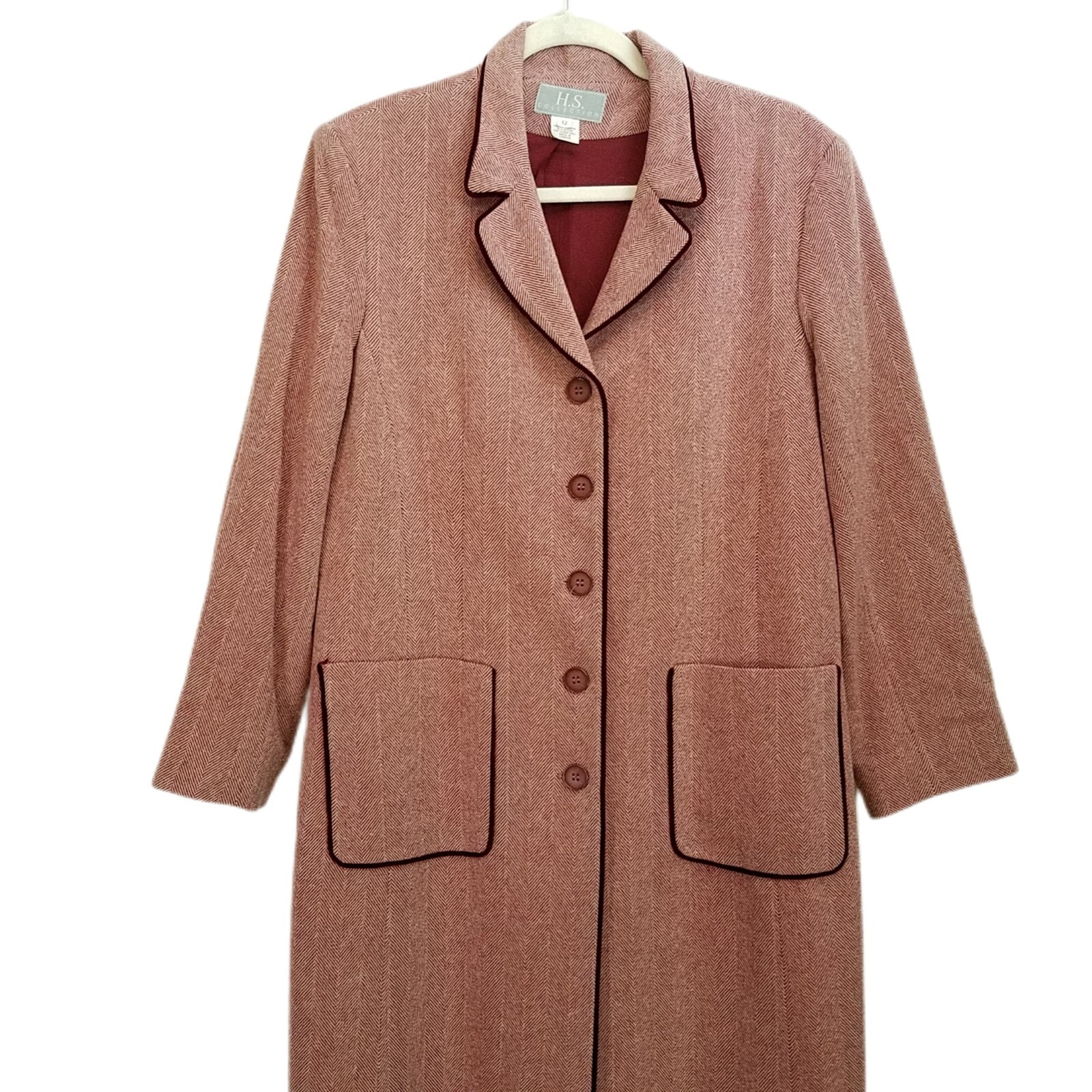 Vintage 1980s Red Chevron Pattern Floor Length Wool/Camel Hair Button Up Coat 12