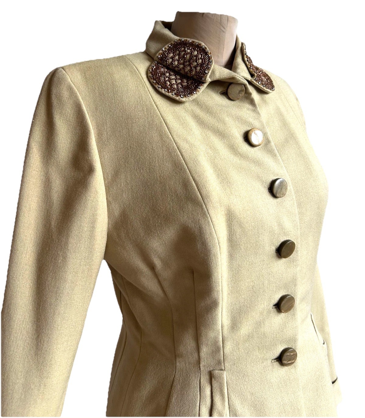 Vintage 1940s Courtshire Fashion Wool 2pc Suit Khaki Tailored Maisel WW2 Era S M