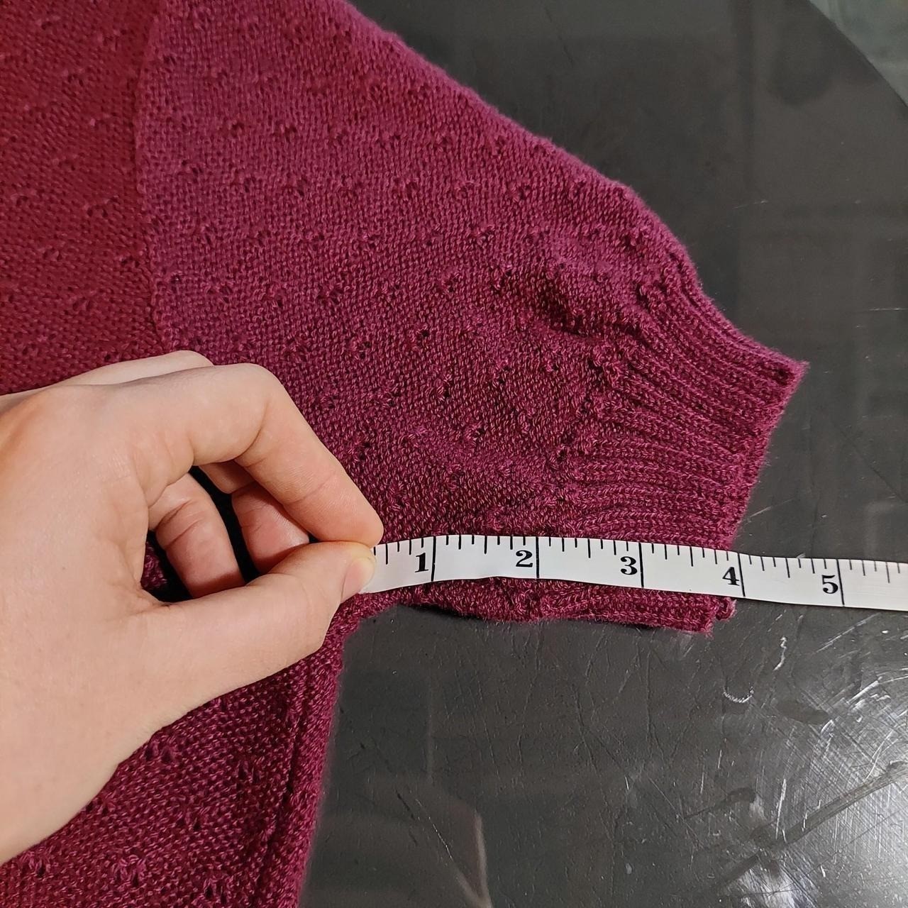 Vintage short sleeve reddish purple sweater with lace collar detail.