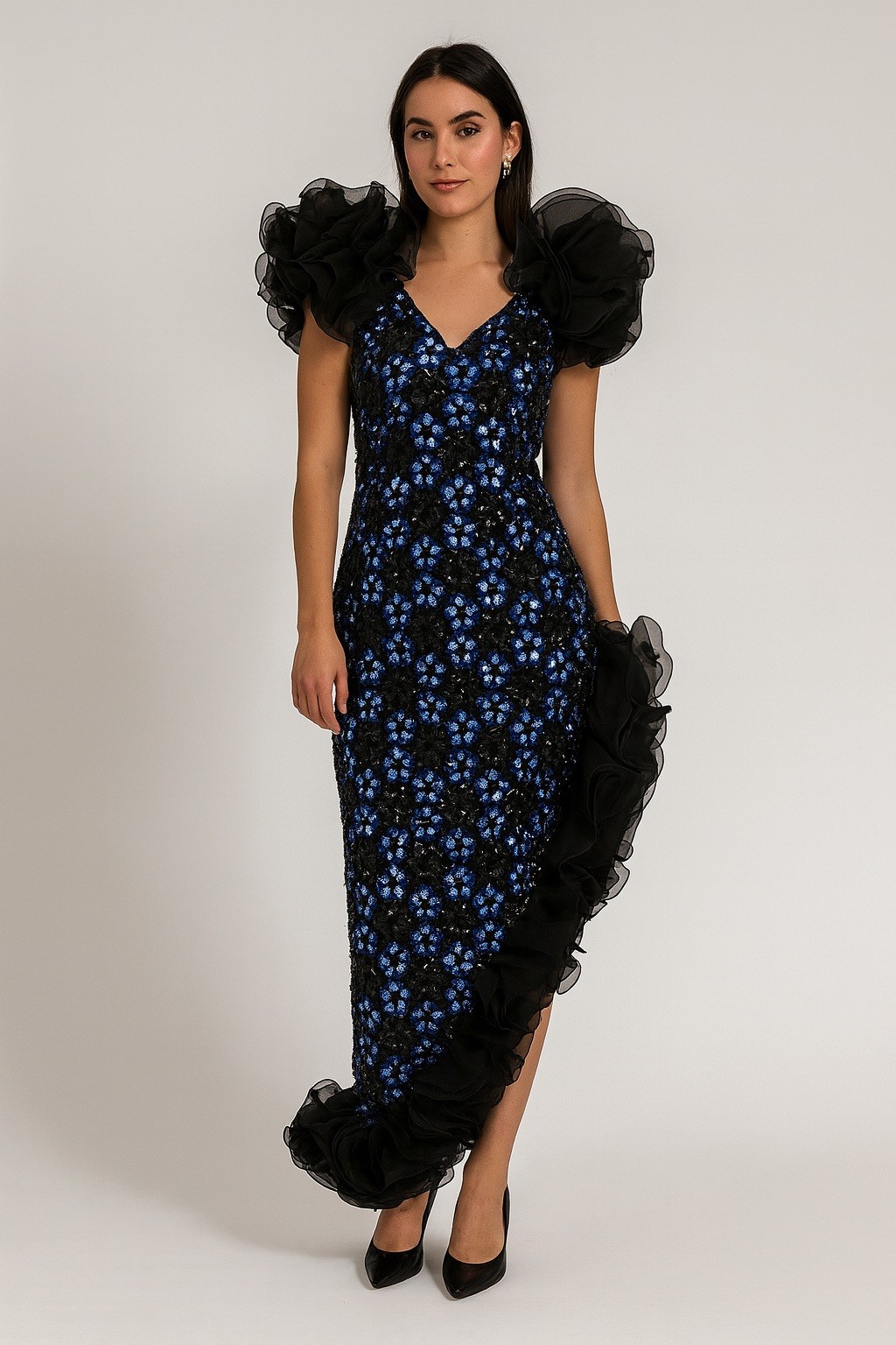 Vintage Fashion 1001 Nights Sequin Evening Gown Black Blue Size 12 USA Made