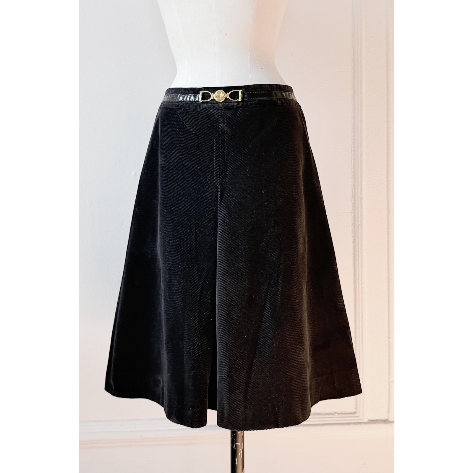 VTG 70s CELINE Paris Corduroy A-Line Pleated Skirt Horse Bit Hardware Kick Pleat
