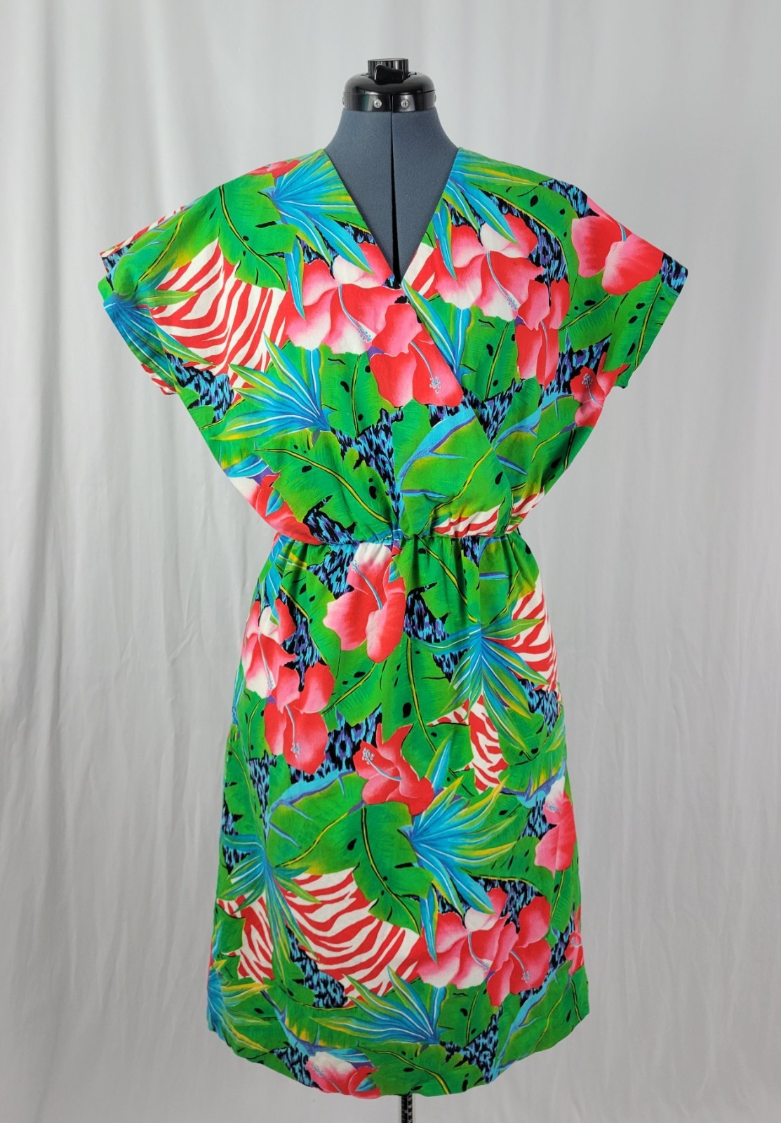 Vtg Green/Red/Blue Tropical Print Wrap Bodice Dress w Elastic Waist Size Med?
