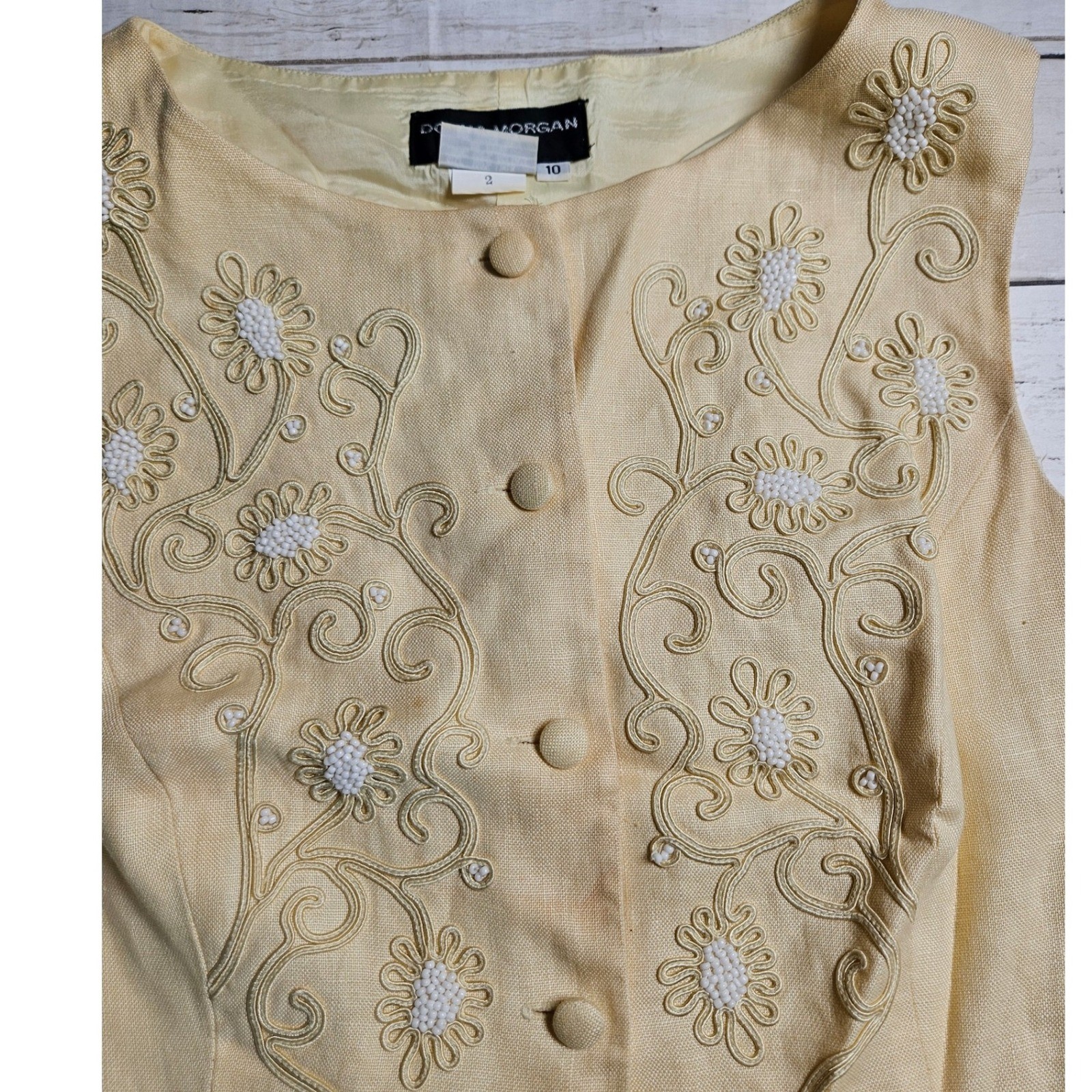 Donna Morgan Petites Yellow Linen Embroidered Beaded Vest Top Size 10 Vintage