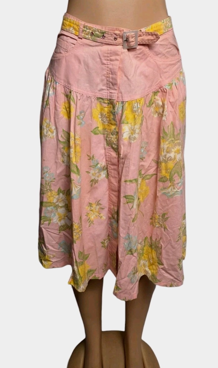 Vtg 80s Chaus Floral Midi Skirt Belted High Waist Women 12 Cottagecore Retro