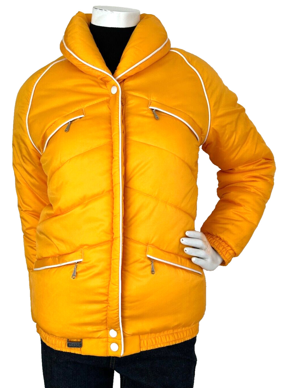 70s Speedo Puffer Jacket Size Small Zip Shawl Collar Pockets Long Sleeve Orange
