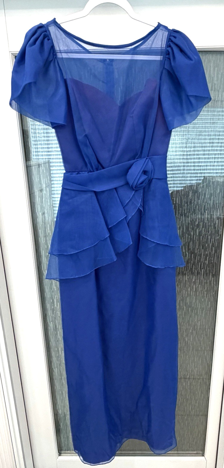 Vintage 1985 Royal Blue Rosette Short Sleeve Prom Party Dress – Sz. 11-12 – USA