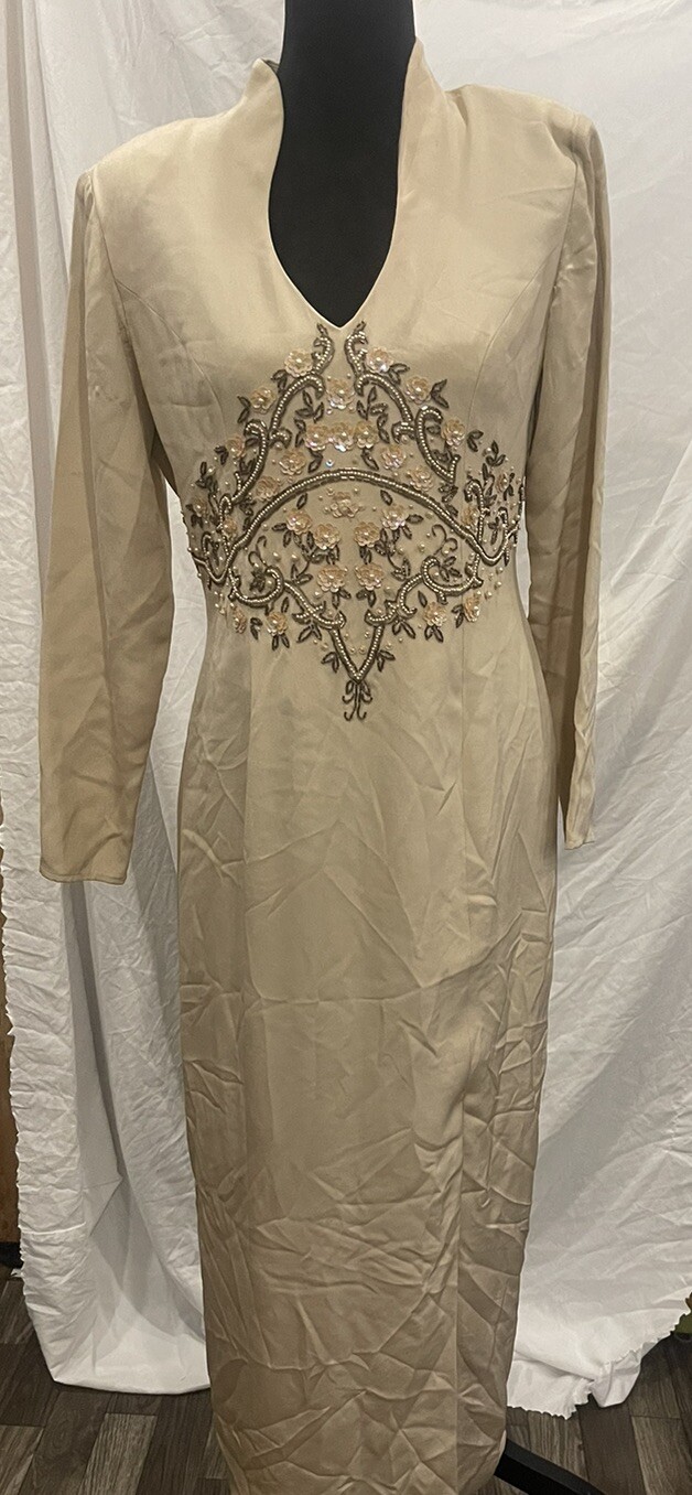 Vintage Niteline by Della Roufogali Gold Sequined Beaded Long 80s Dress Silk 10