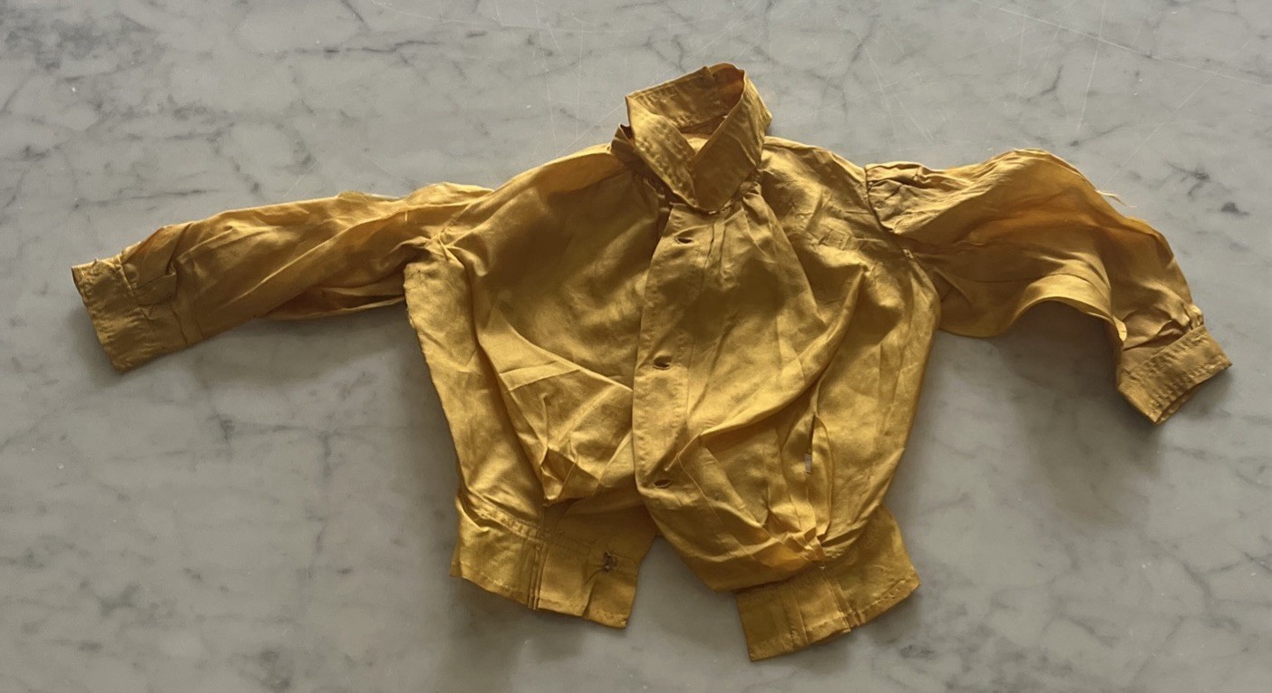 Antique Victorian Golden Yellow Silk Doll Blouse Mother of Pearl Buttons Unique