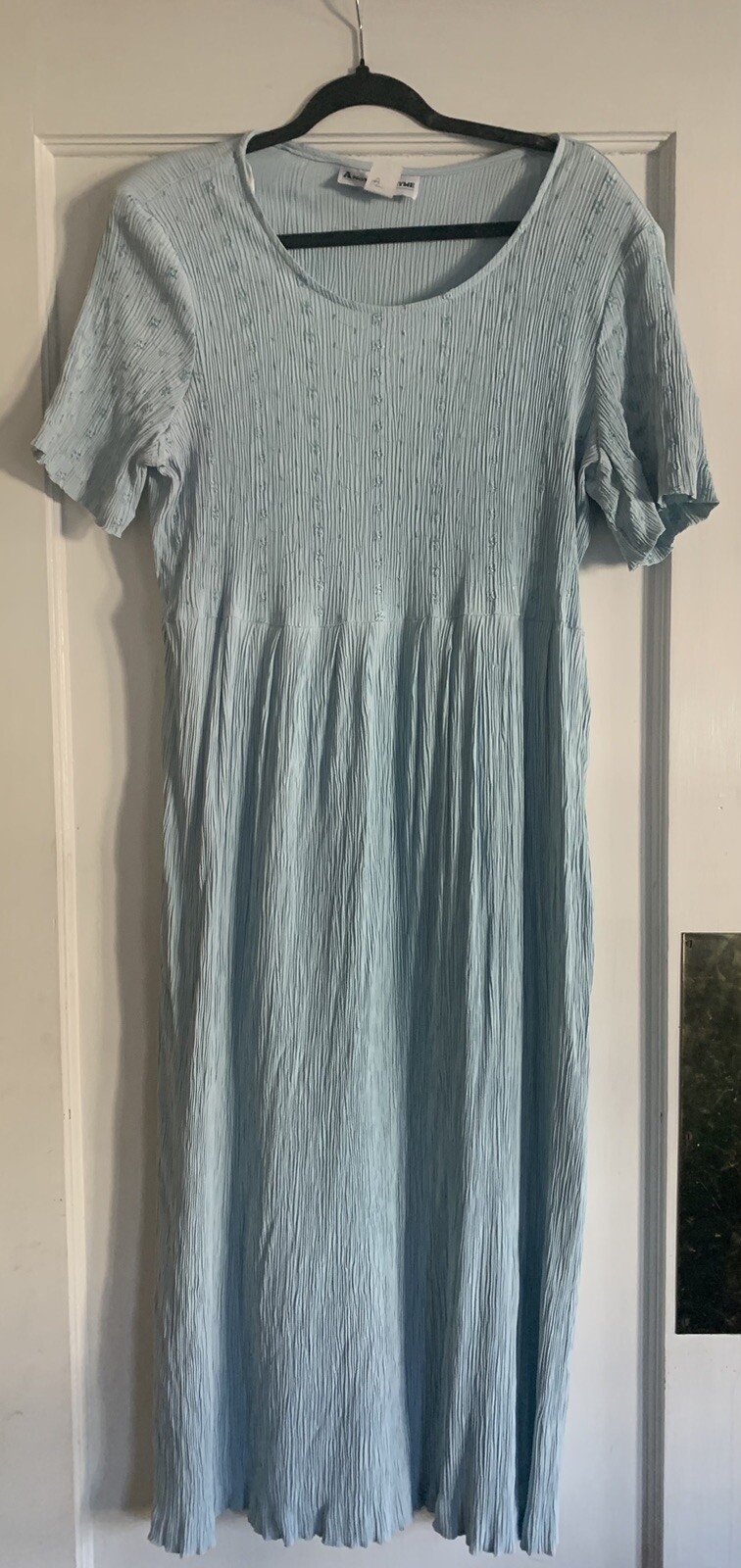 Vtg Another Thyme Dress 24W Embroidered Crinkly 80s Blue Cottagecore