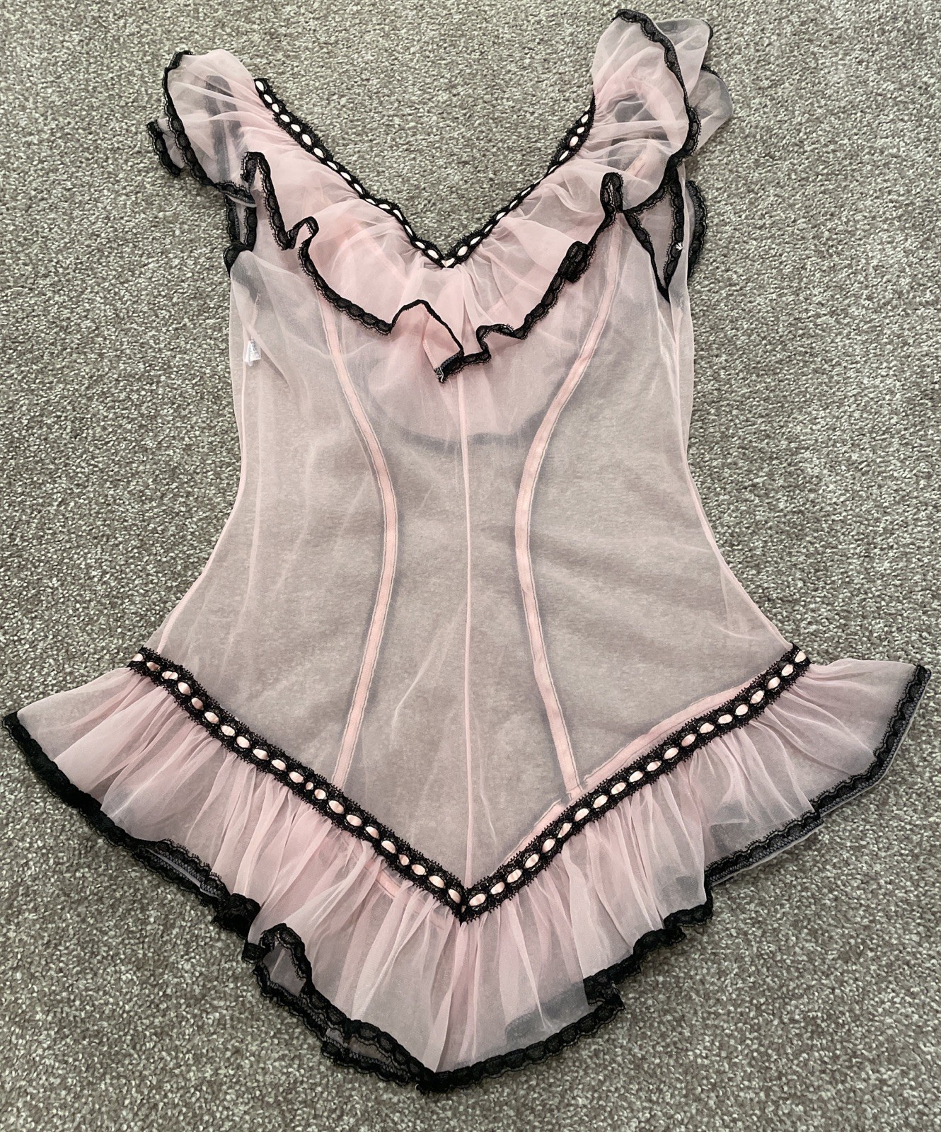Vintage 1950s Glydons Chiffon Skirted Slip Teddy Pink Black Small Ruffle Pin Up