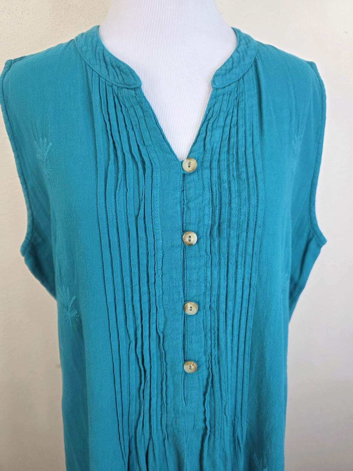 Vintage 90s Eucalyptus Button Down Sleeveless Embroidered Shift Dress Cotton L