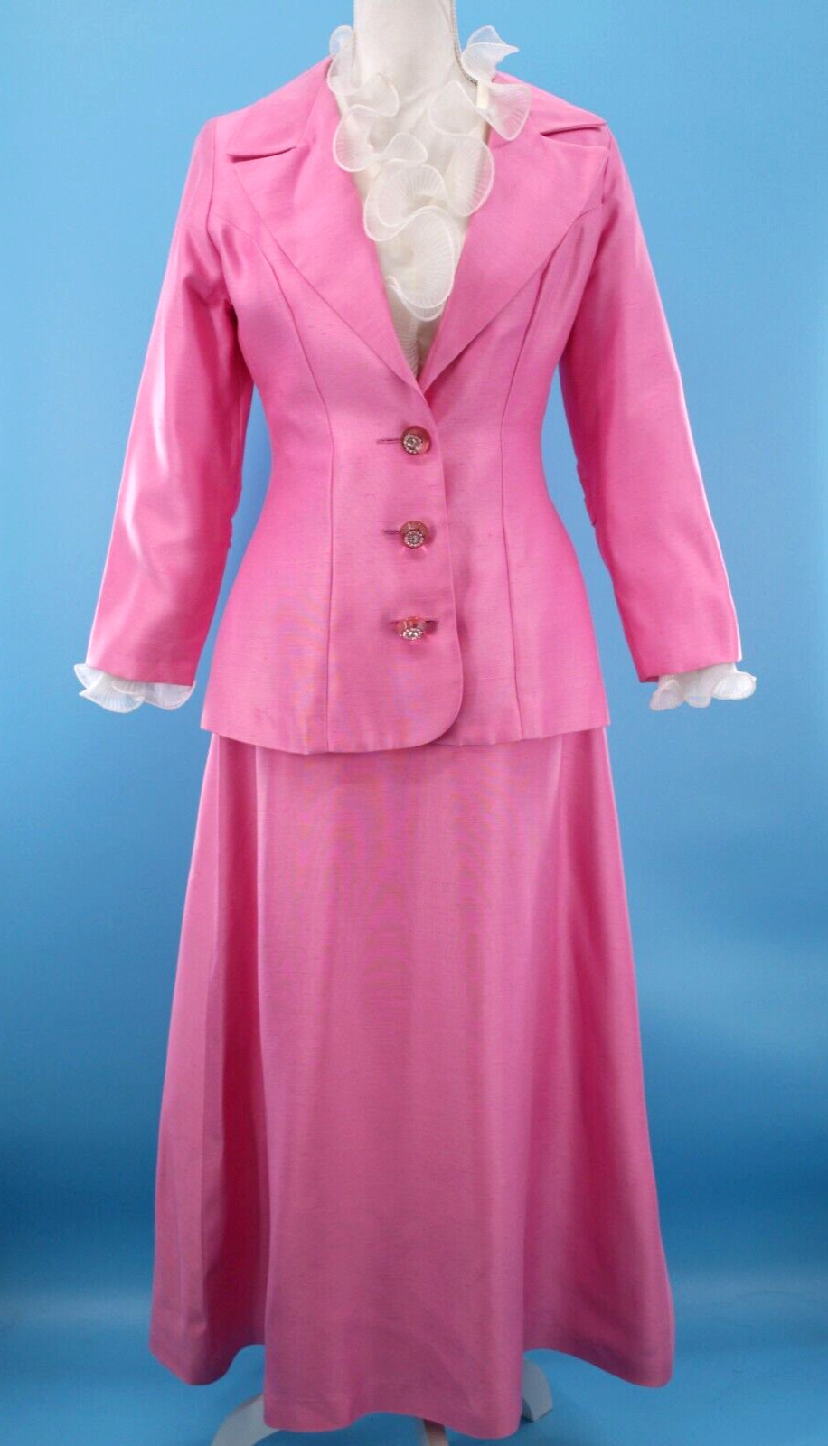 Vtg Women’s 60s 2 Pc Pink & White Ruffle Front Maxi Dress W/ Jacket XS/S 1960s