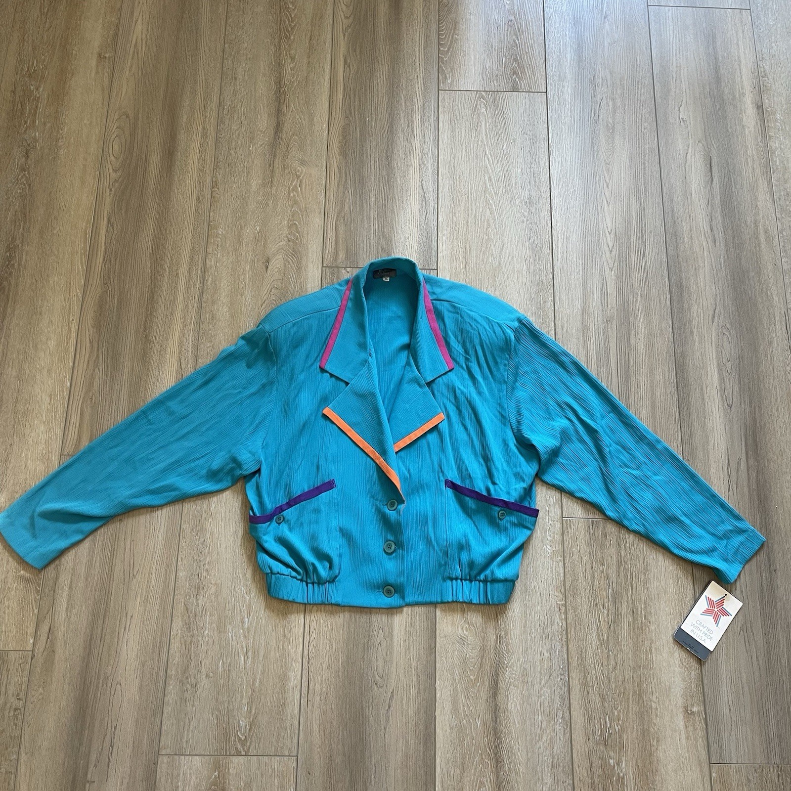 Vintage 1980s/1990s Color Block Teal Women’s Blouse Blazer NEW MADE IN USA
