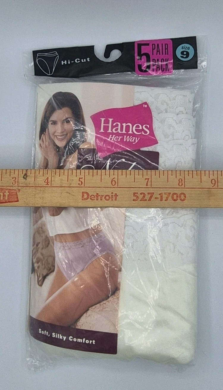 NEW VTG 99′ 5-Pack White Hanes Her Way 100% Nylon HI-CUT Lacey Top Panties Sz 9