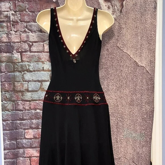Vintage Vera Cristina Beaded Black Silk Drop Waist Dress Size 8 EUC