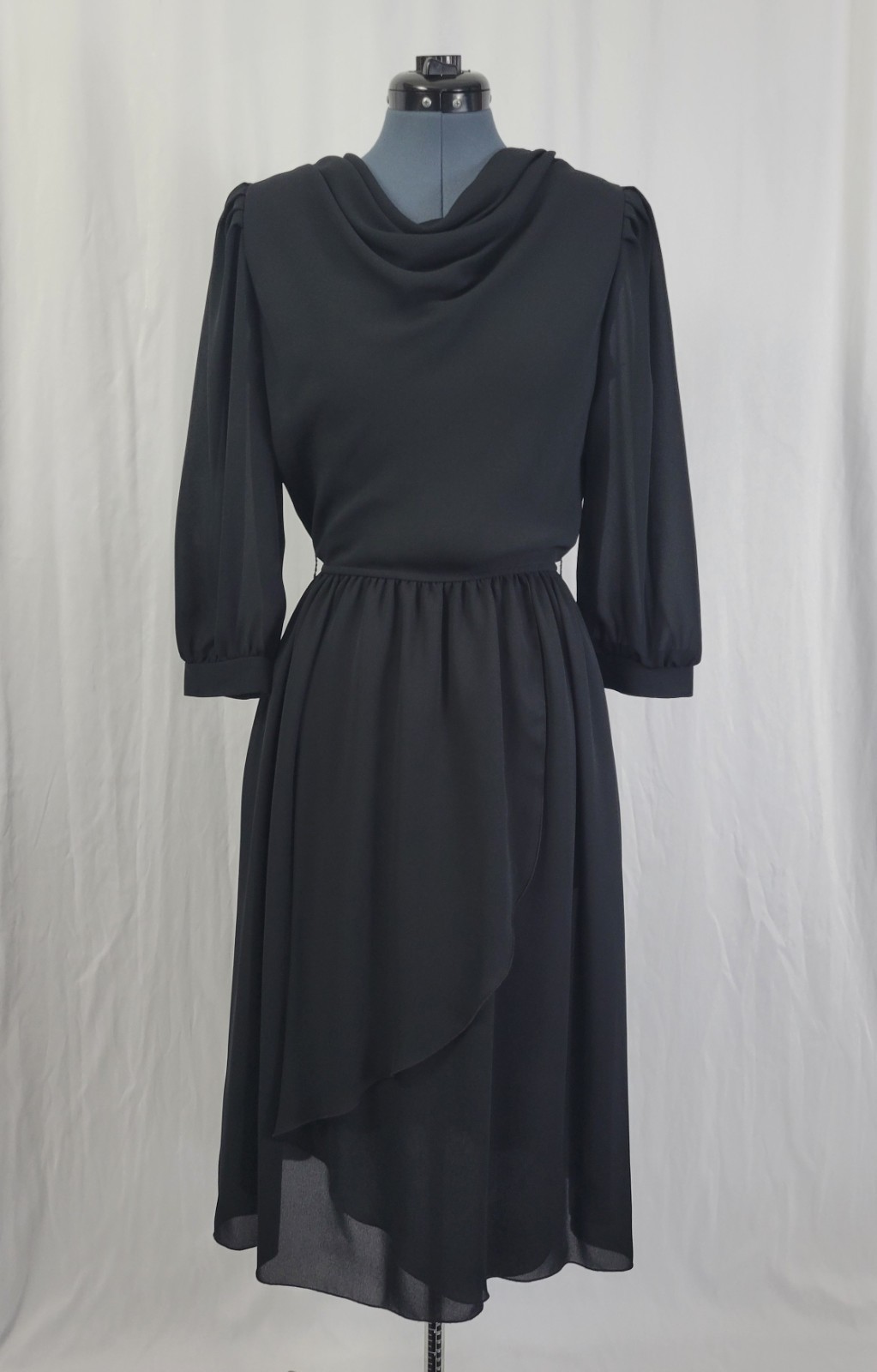 Vintage Leslie Fay Black Blouson Dress w Wrap Skirt Size 8