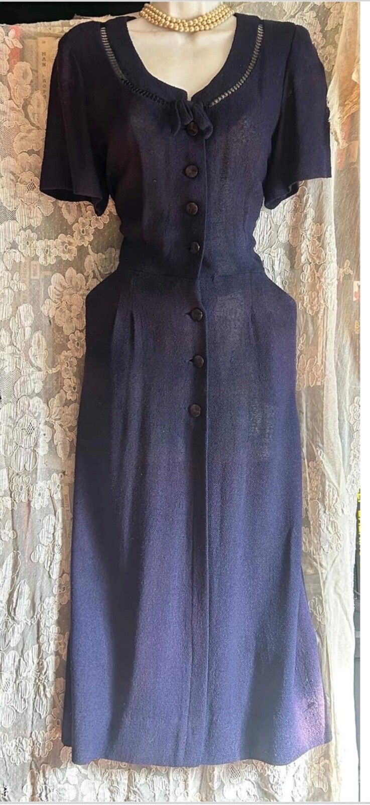 Blue 1950s dress navy rayon vintage noir vamp navy blue midi 50s new look dre