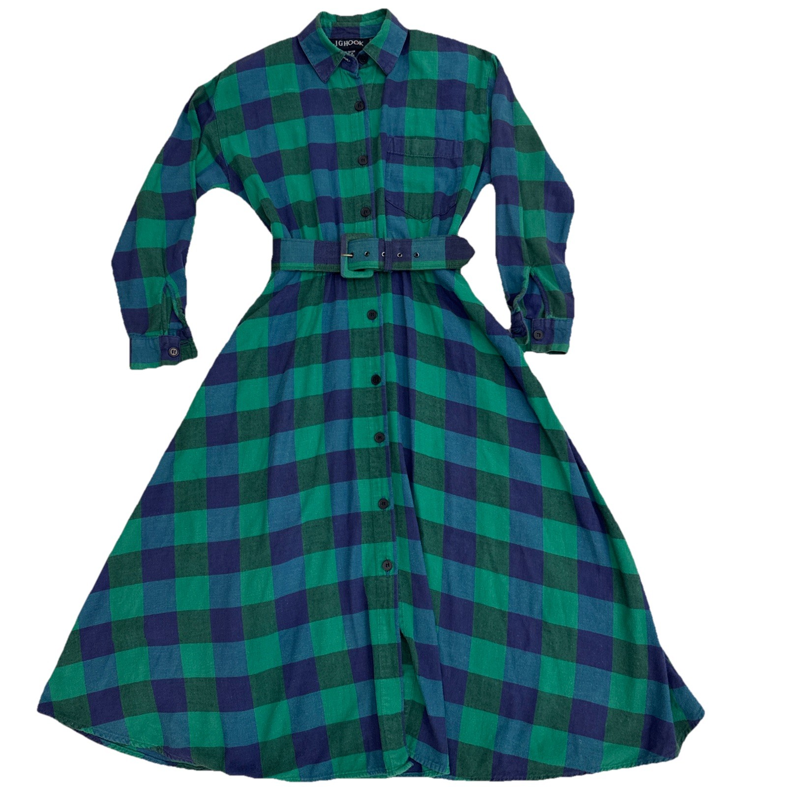 Vtg JG Hook Dress, Tartan Blue Green Button Front, W 4P Love to the 90’s Cotton