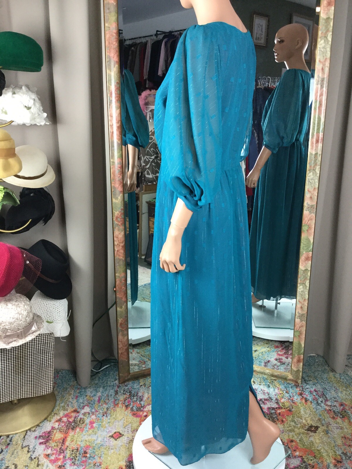VTG David Morris Maxi Blue Silver Thread Gown Dress Lined Sz 10 Huge Sleeves