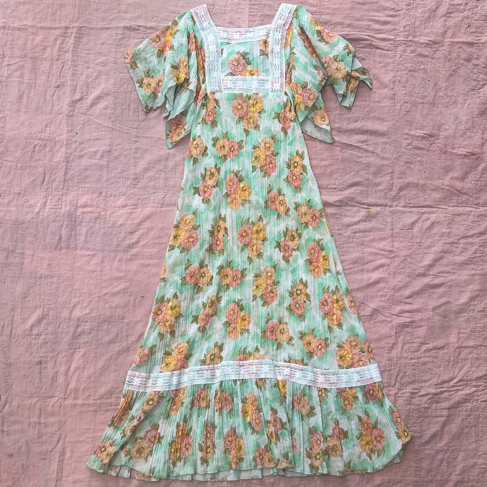 Vintage 70s Terri Rose Sheer Prarie Maxi Dress Gunne Sax Cotton Beautiful 29×55