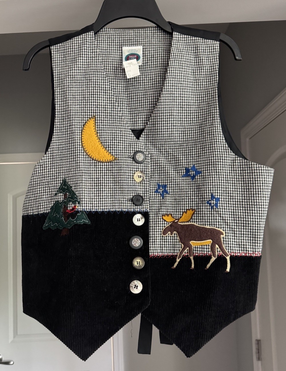 Vintage 90s Moose Applique Houndstooth Vest L USA Cabin Cottagecore Original
