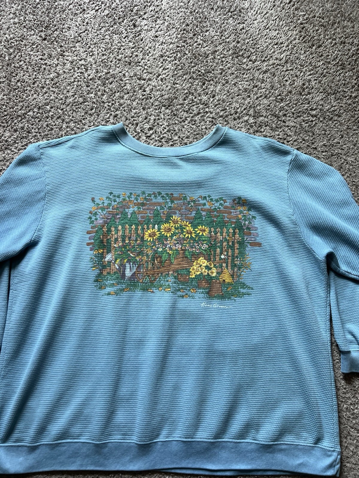 Vintage 90s Graphic Sweater 2XL Blue Floral Garden Grandma Cottage Core Plus