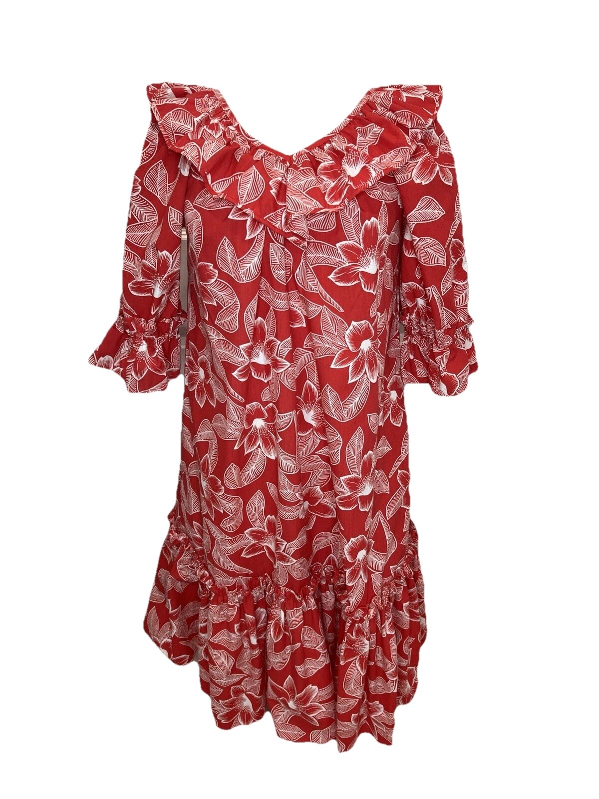 Vintage Pomare’ Dress Floral Hawaiian Bright Red Hibiscus Ruffled Romantic Sz 10