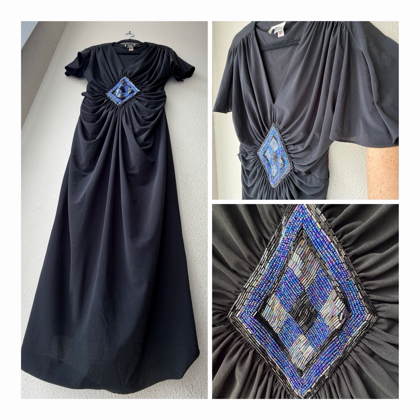 Vintage Rimini 70s 80s Black Disco Dress Ruched Beaded Medallion Sz 14 Fits M 8