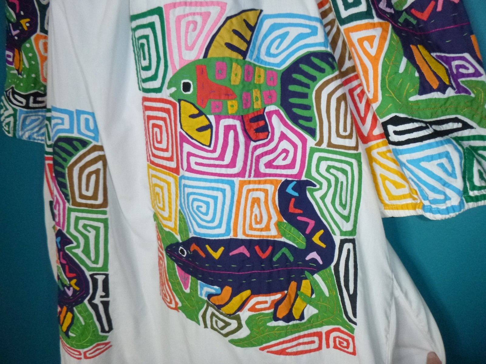 Vtg 70s Seds Crafts Mola Panama Reverse Applique Dress Fish Geckos One Size