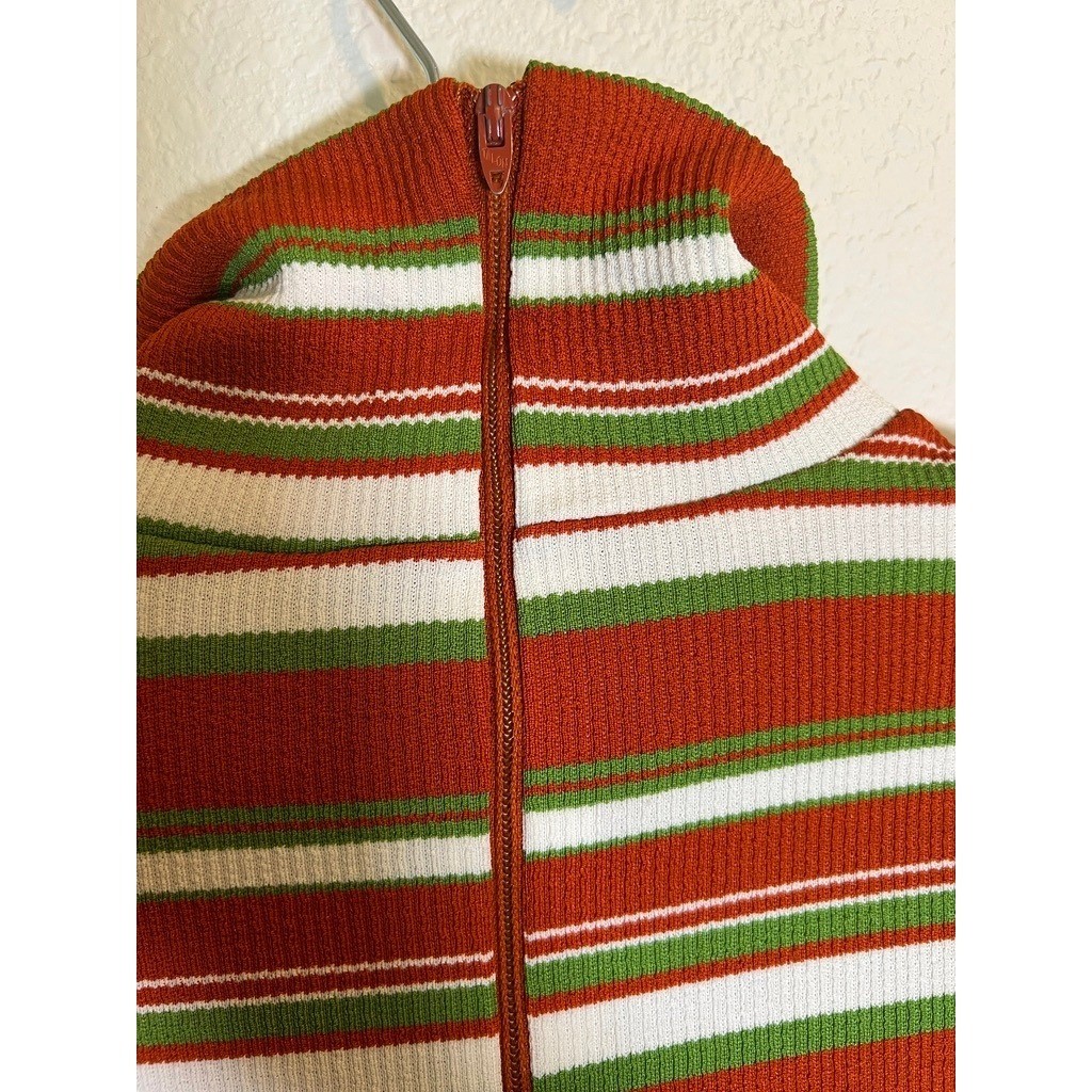 Vintage Mock Turtleneck Top M Striped 1970s Zip Ribbed Knit Poly Orange Green