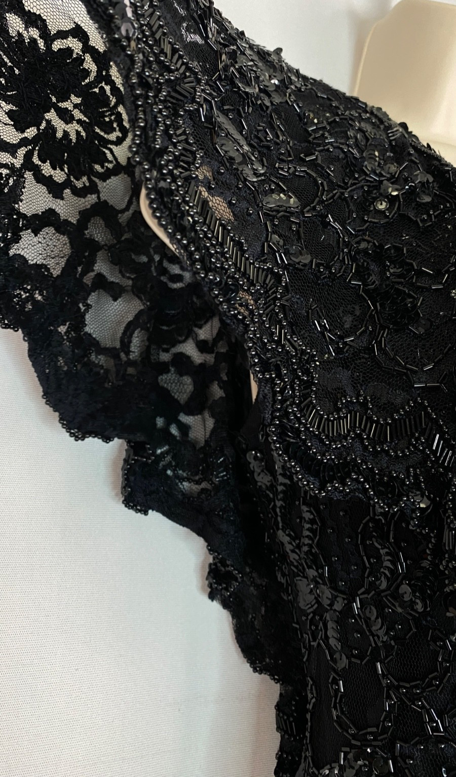 Vintage 1970s black beaded formal dress S pencil wiggle cape sleeve maxi flutter