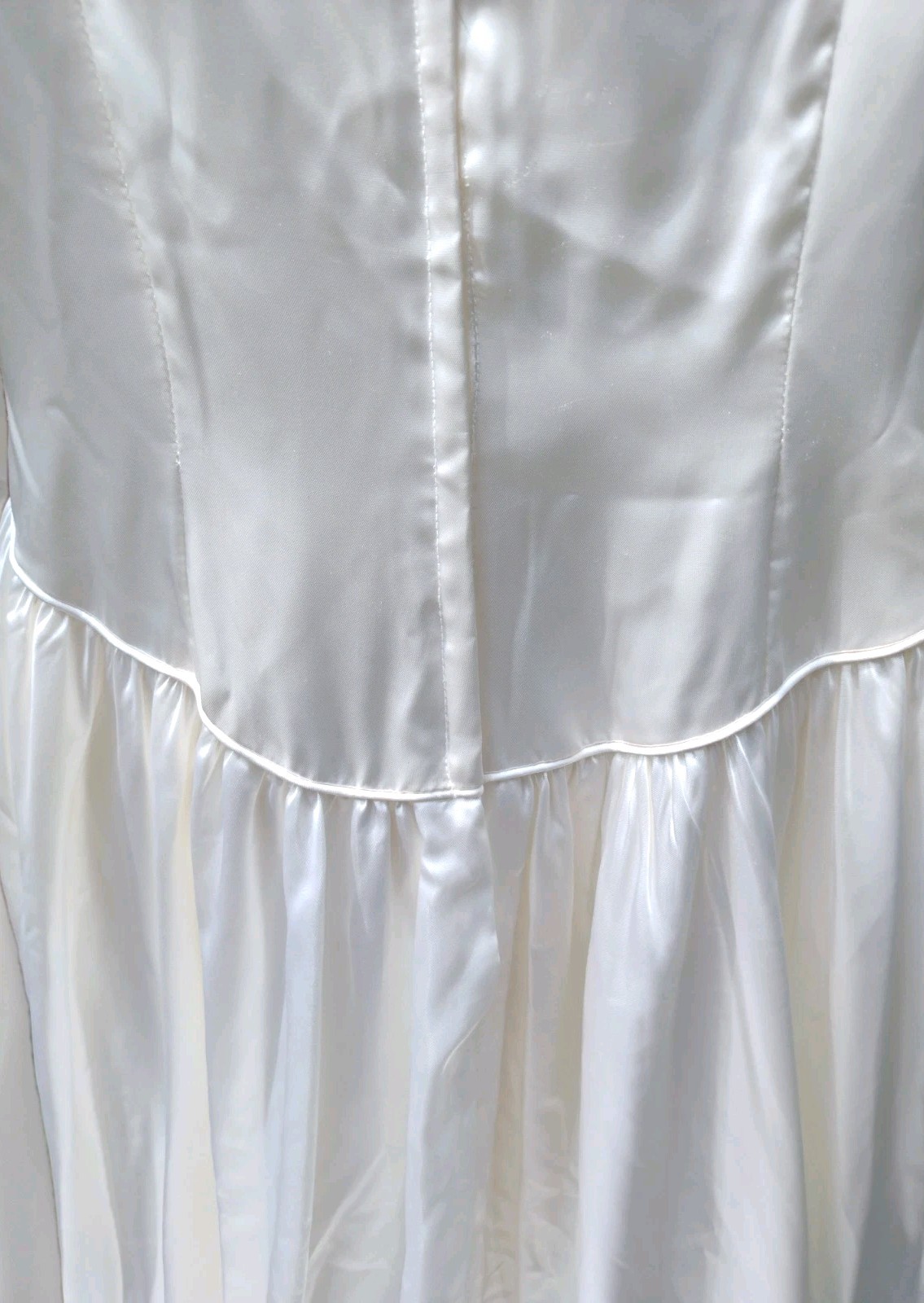 Vintage Alfred Angelo Wedding Gown Satin Lace Beaded Puff Sleeve Train USA 15/16