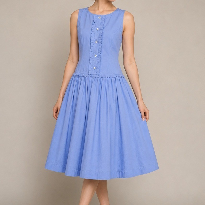 Vintage 50s 60s Joan Miller Periwinkle Blue Ruffle Drop Waist Cotton Midi Dress