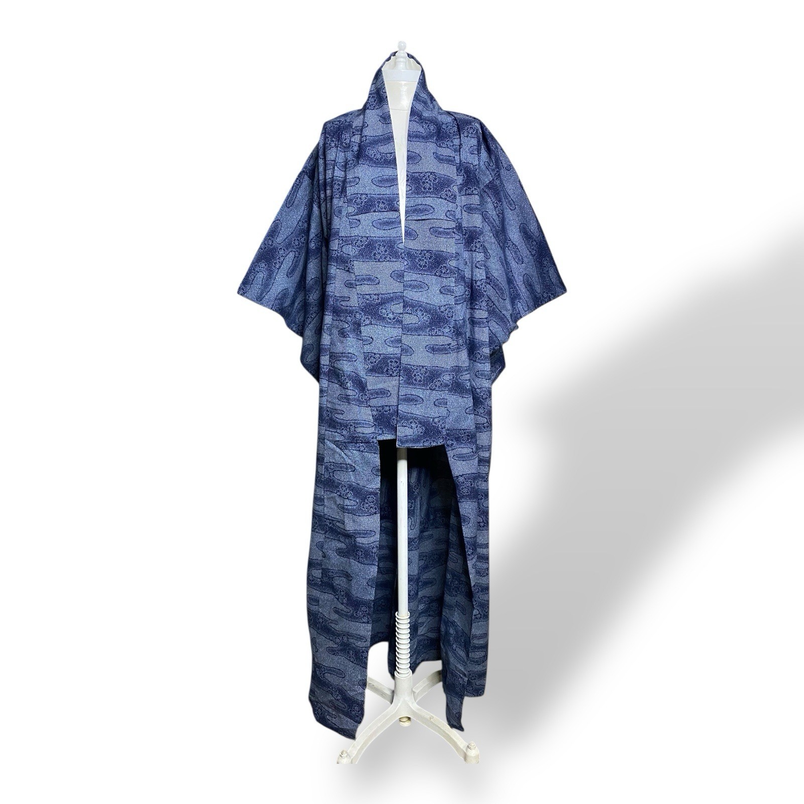 Vintage Kimono Robe Blue Hand Dyed Cotton Full Length 1970s Unisex OSFA Japanese