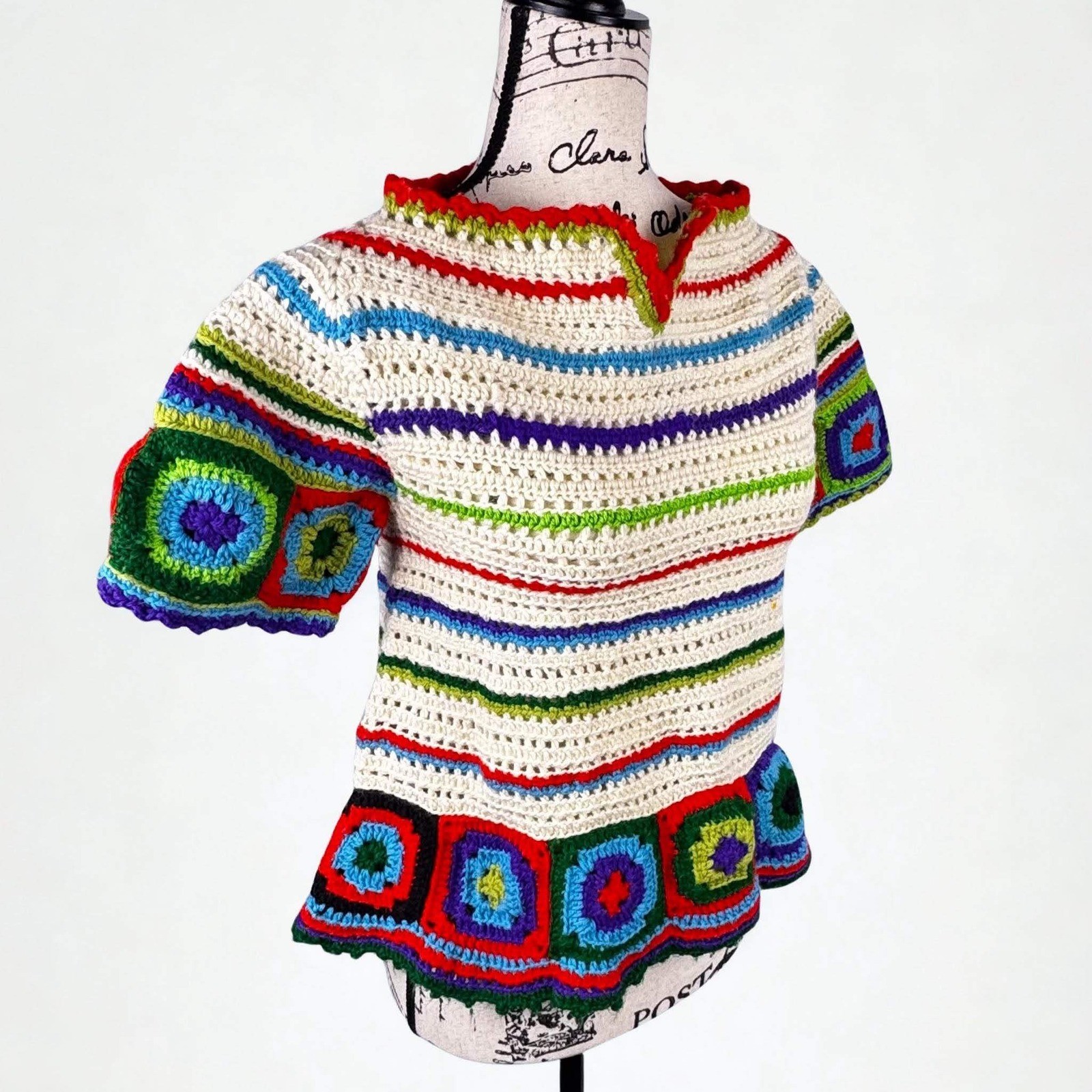 Vtg 70’s Crochet Granny Square Top Wool Rainbow Retro One Size See Measurements