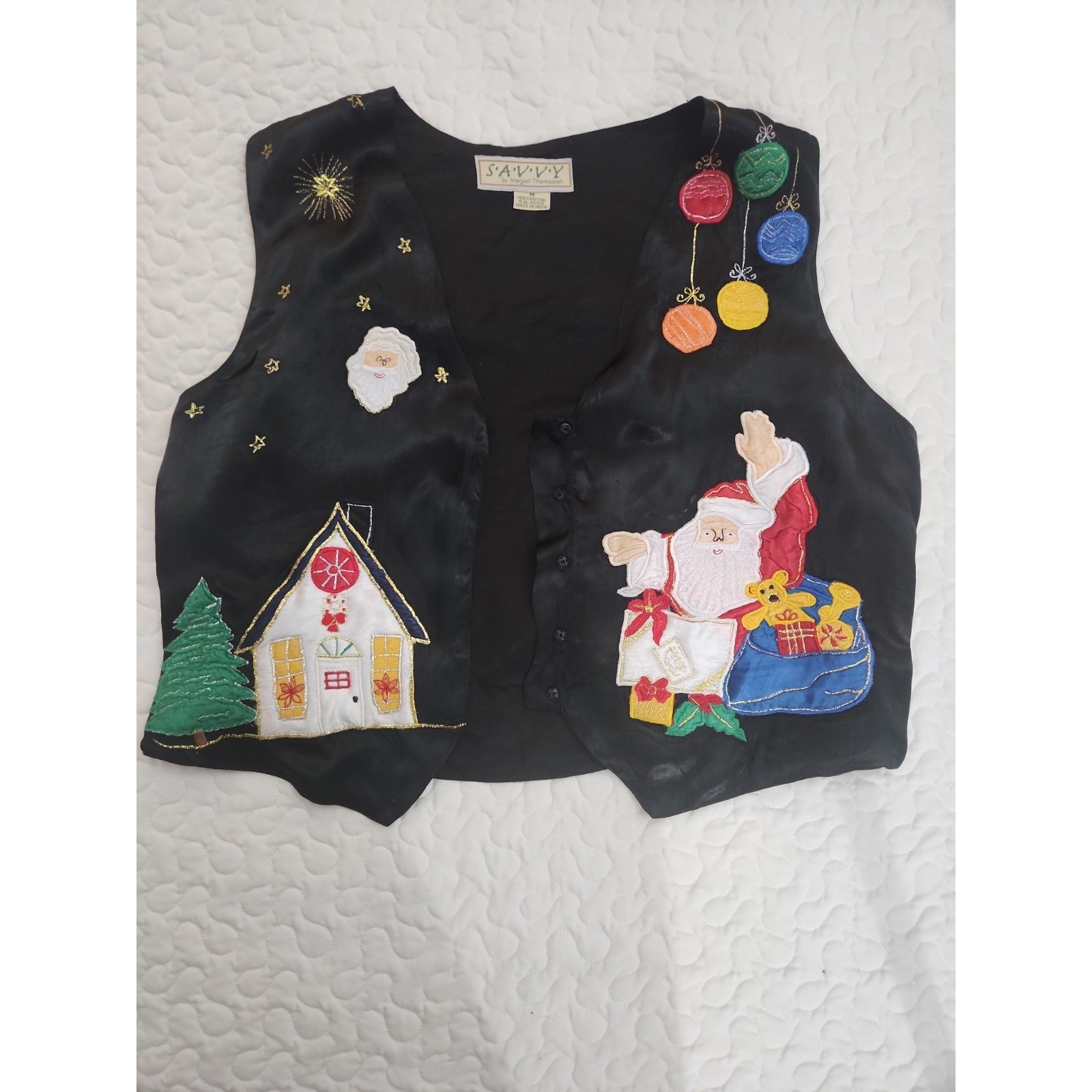 Vintage SATIN Christmas vest Ornaments Santa Black Red Applique medium chest 38
