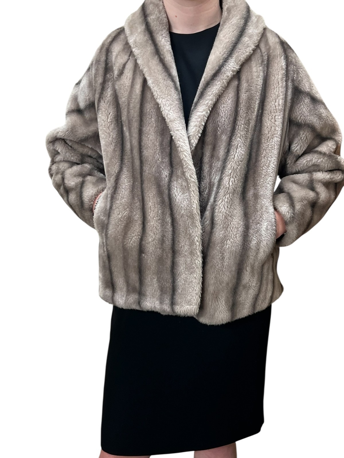 Vtg 50 60s Sz S~M~Sm L FAUX FUR Jacket Coat Silver Dark Stripe Stroller Wrap