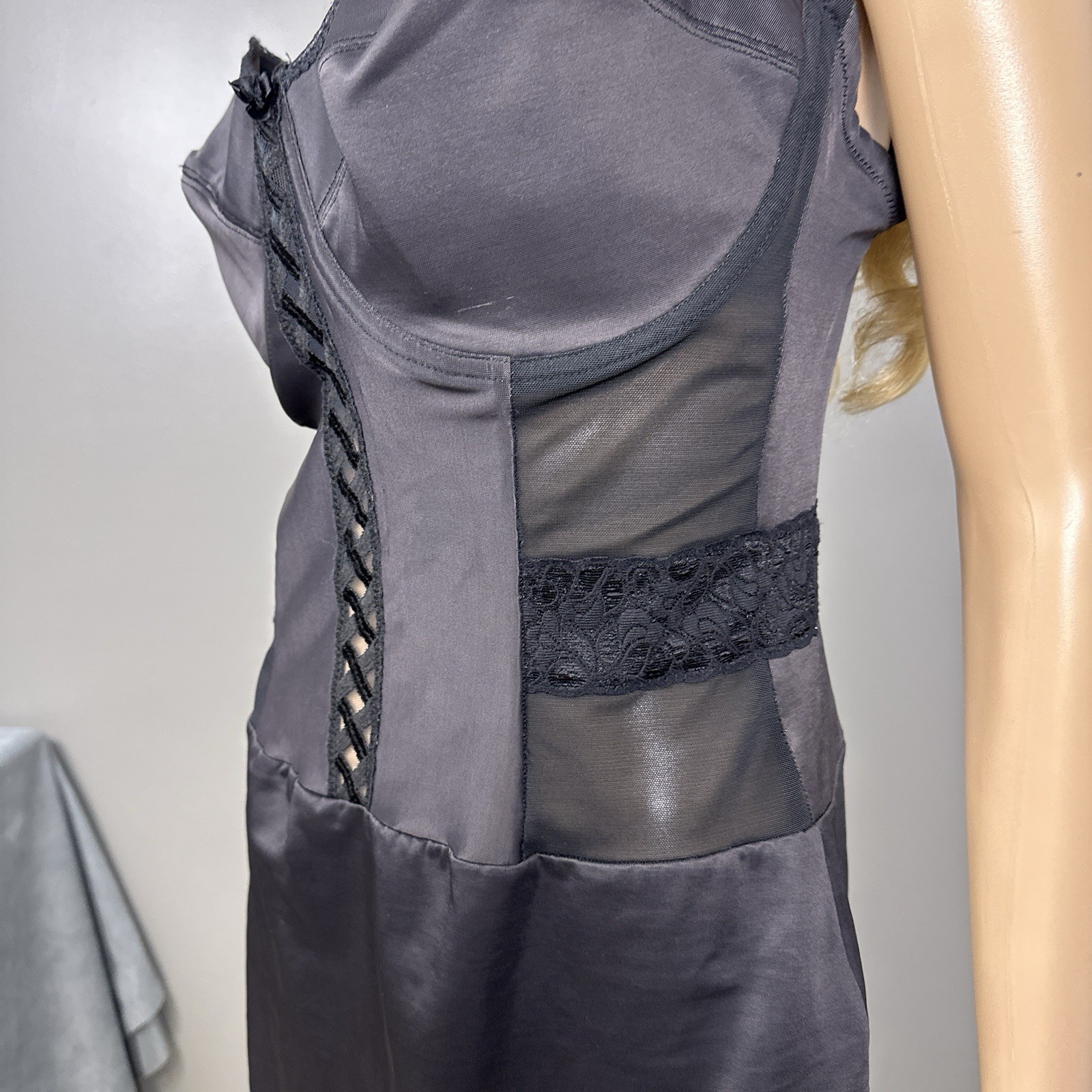Vintage Crown-ette 44D All In One Shaper Corselette Satin Lace Mesh Black 90s US