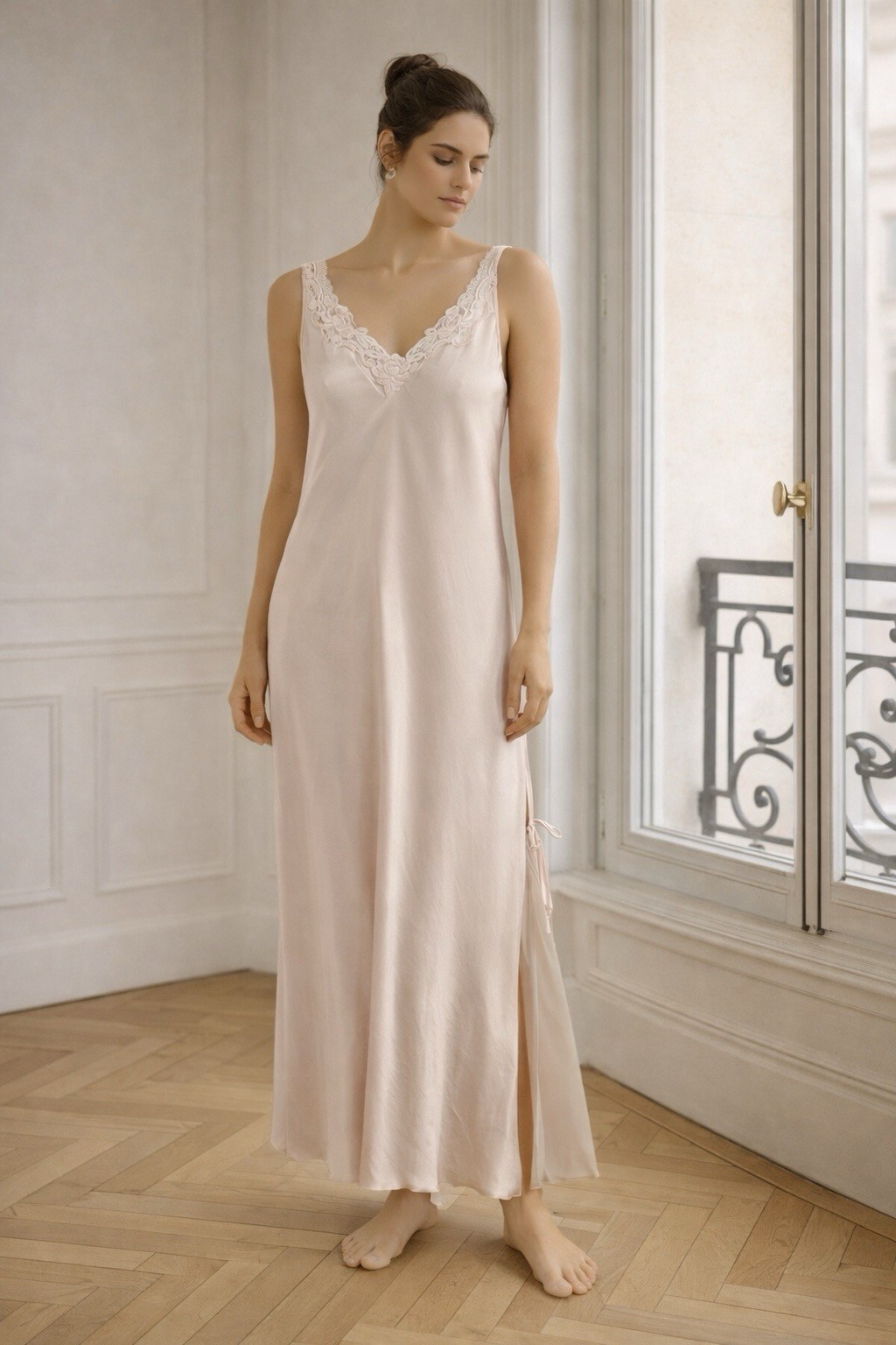 Vintage Valentino Slip Dress Womens Large Satin Maxi Nightgown Lace Ethereal