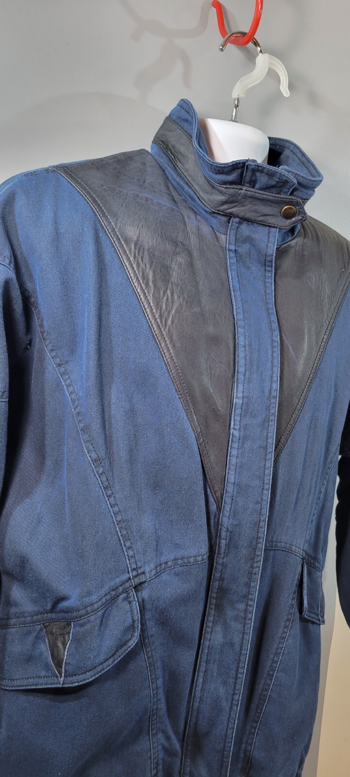 Vtg 1980s London Fog Jacket Blue/Black canvas & leather Womens XS Petite