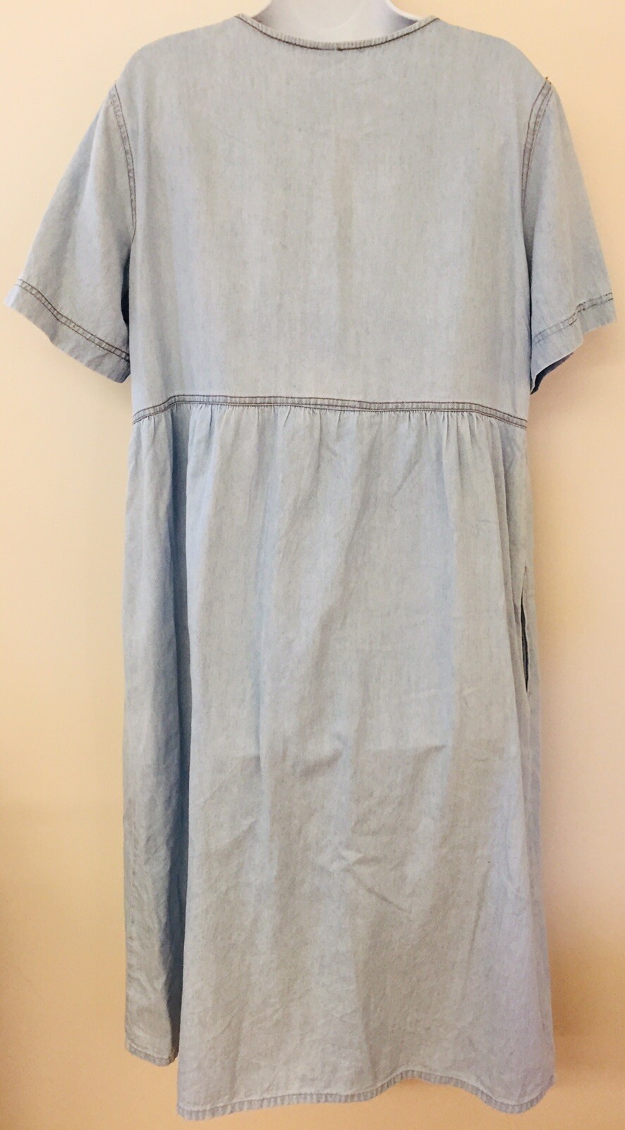 Chambray Short Sleeve Dress Pockets Vintage 1990s Light Blue Button Front M L XL