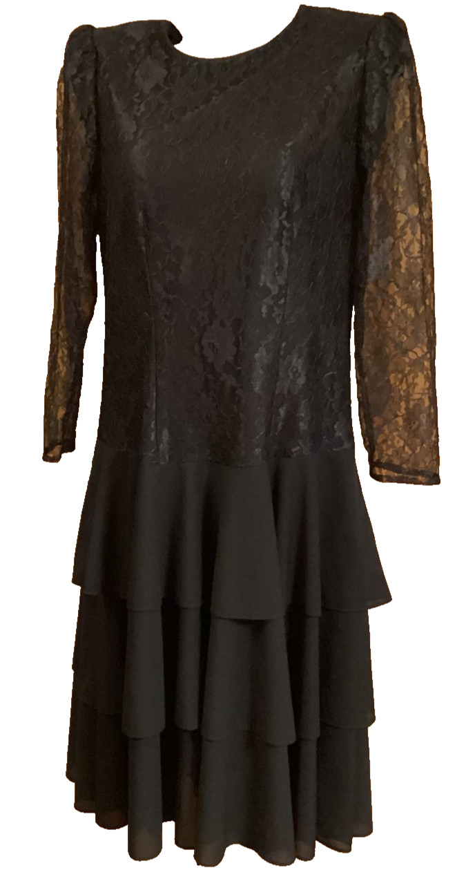 Vintage T&F Black Lace Women’s Dress Layered Skirt Calf Length Padded Shoulders