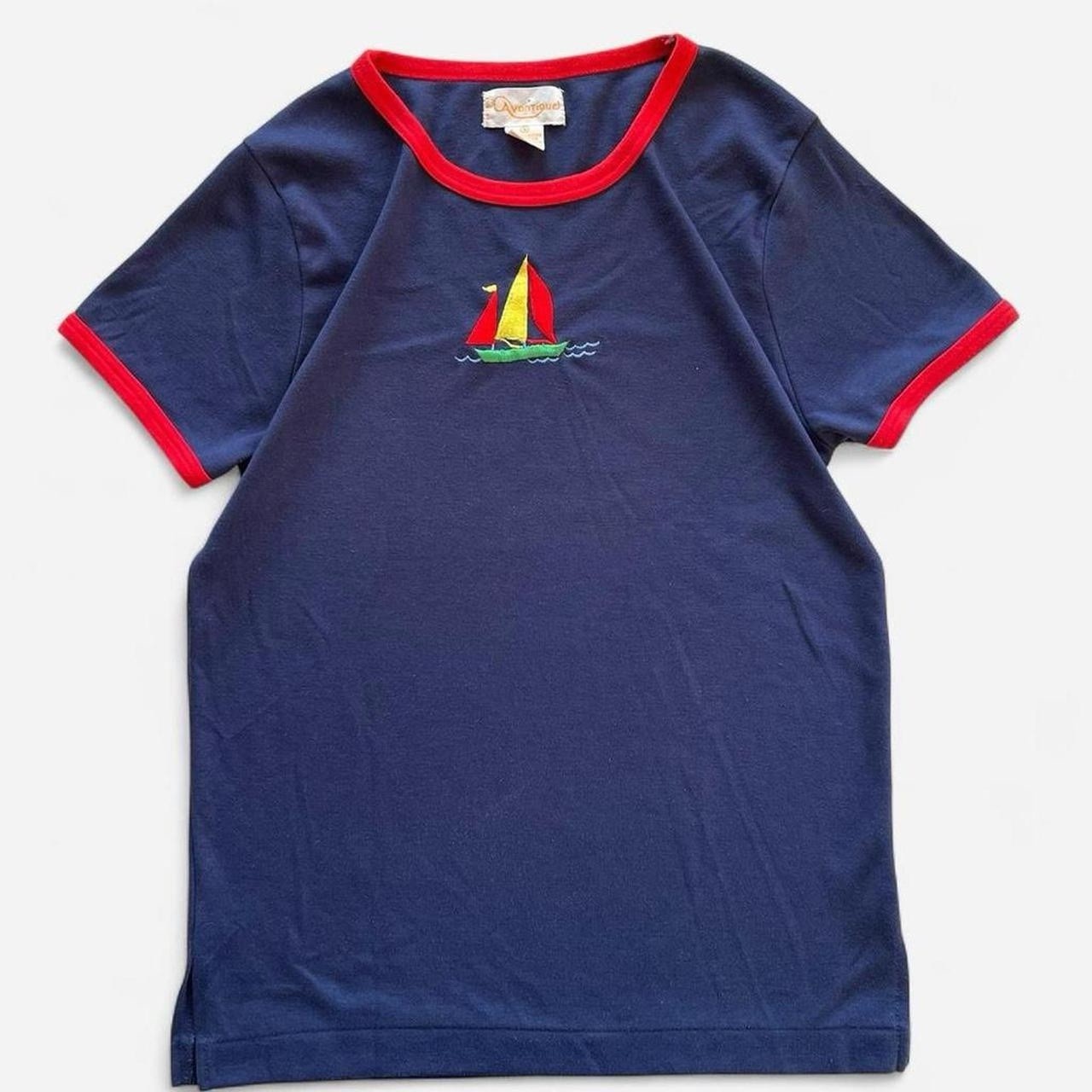 Vintage Avantique Retro Navy Blue Red Ringer Tee Shirt with Embroidered Sailboat