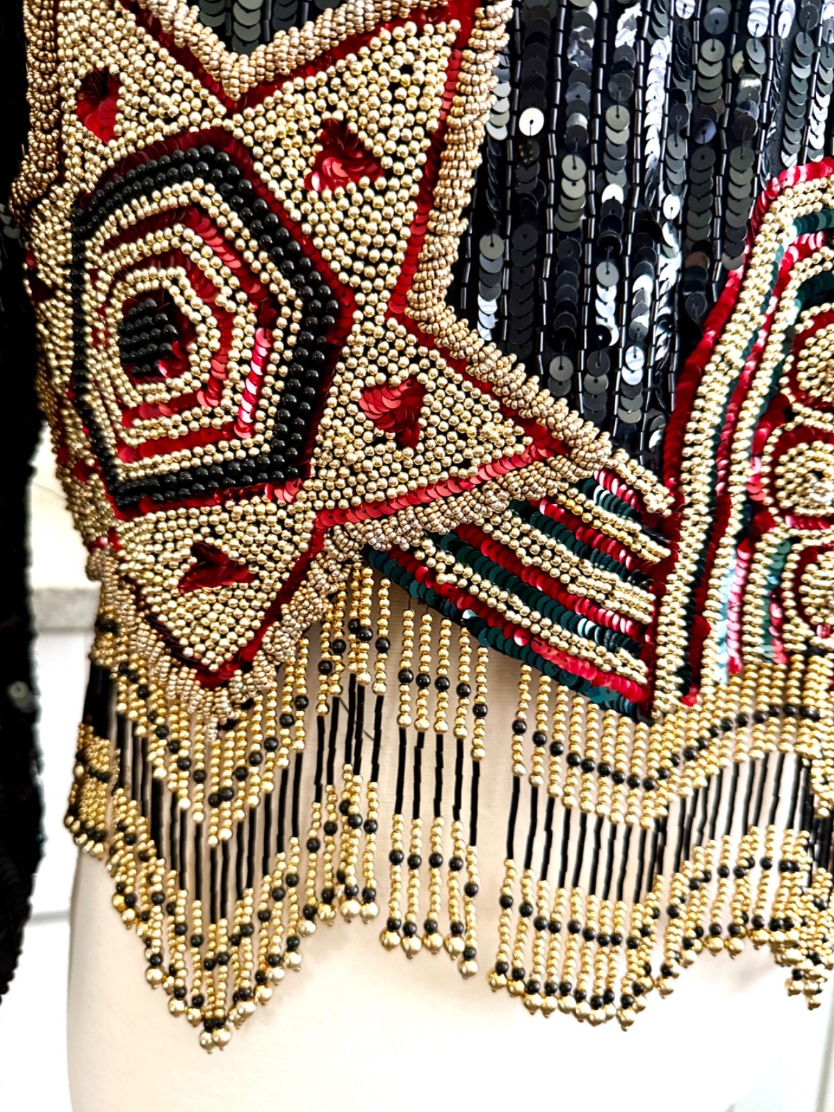 Vintage 80’s Niteline Beaded & Sequin Top Fringe sz S Black Gold Red