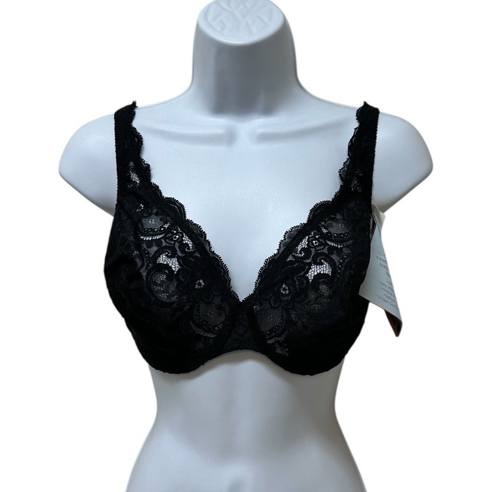 Vtg Olga Lacy Textures Bra 34DD Full Figure Underwire Lace Black #33580 NEW