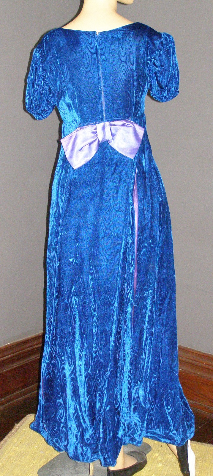 Vintage 60’s royal blue swirl VELVET maxi dress S M BOW back & hair comb regal