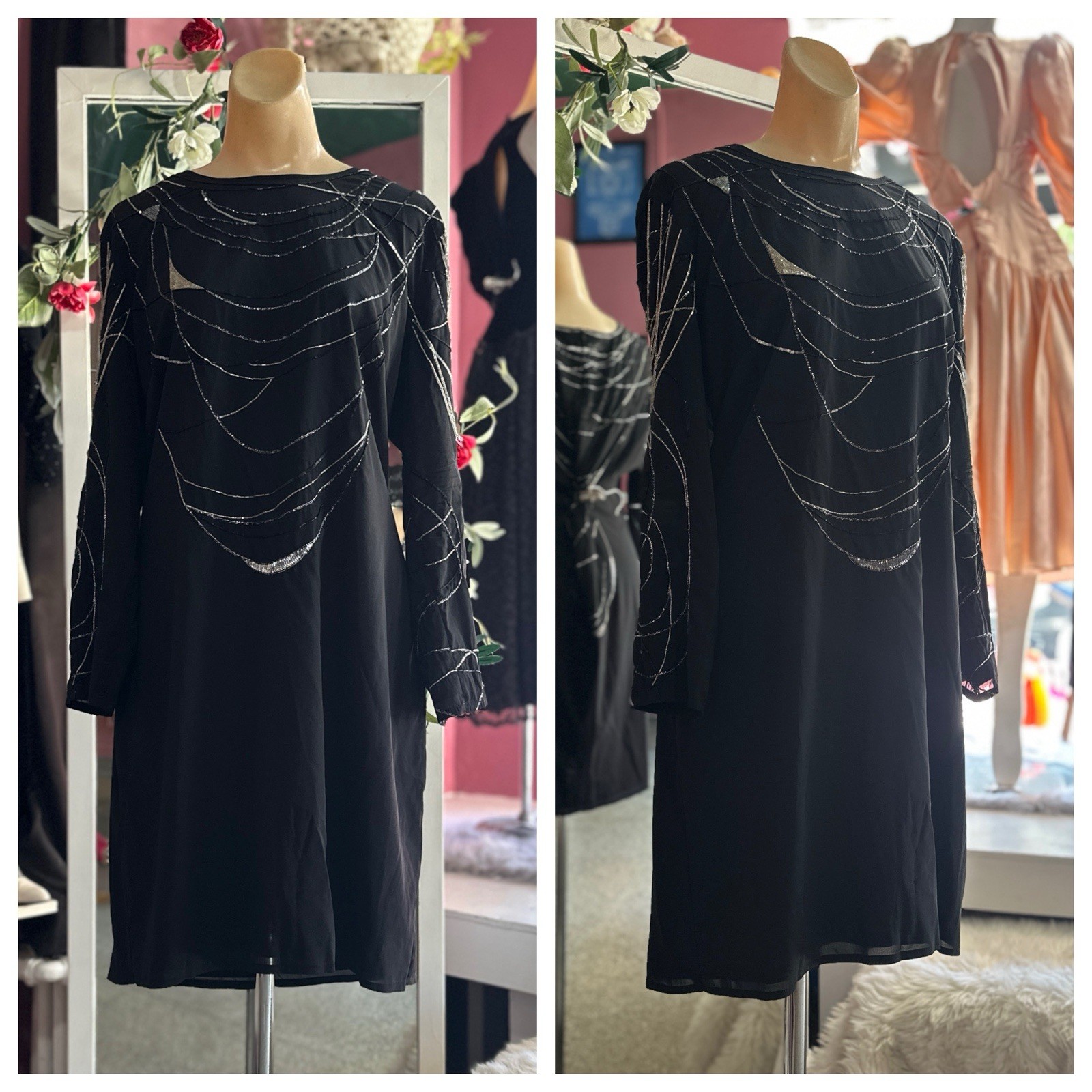 Vintage 80s Mini Dress Black Beaded Silk Long Sleeves Cocktail NYE Escada M/L