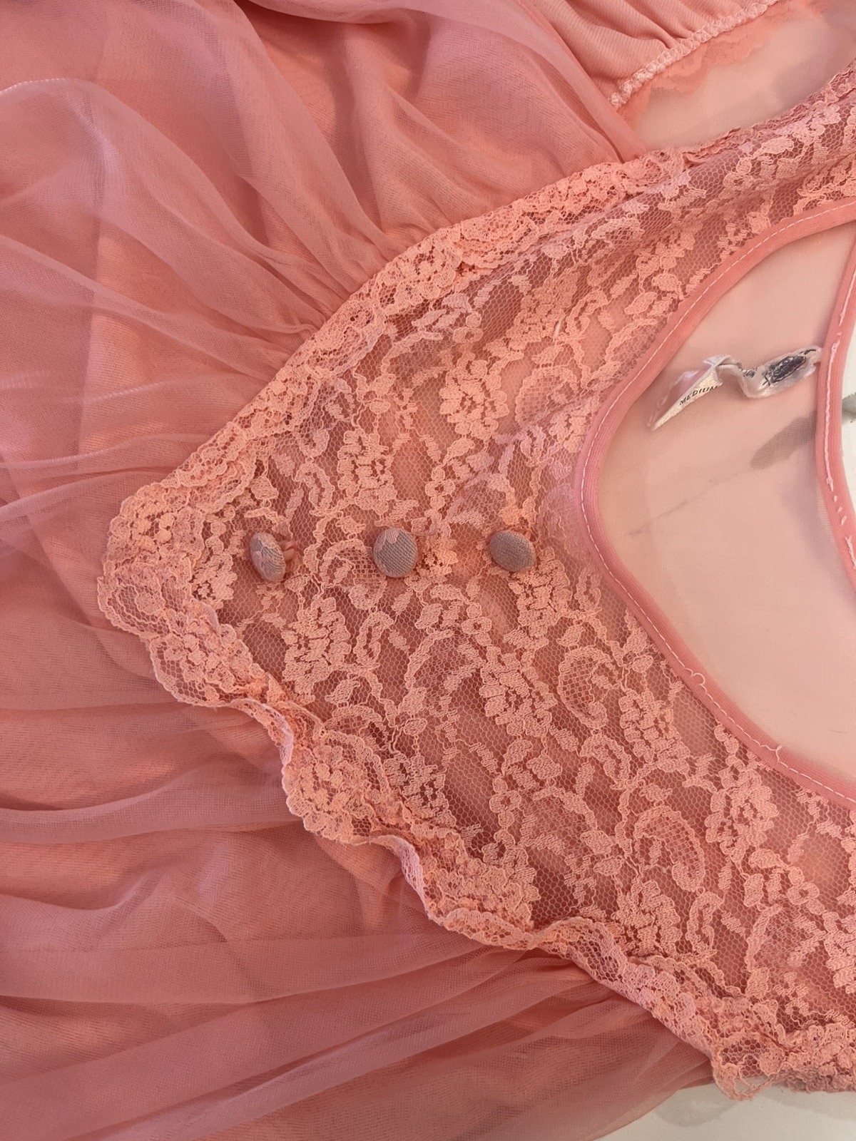 Vintage Coral Orange Nylon Lace Lined Nightgown Slip Dress Size Med Union Made